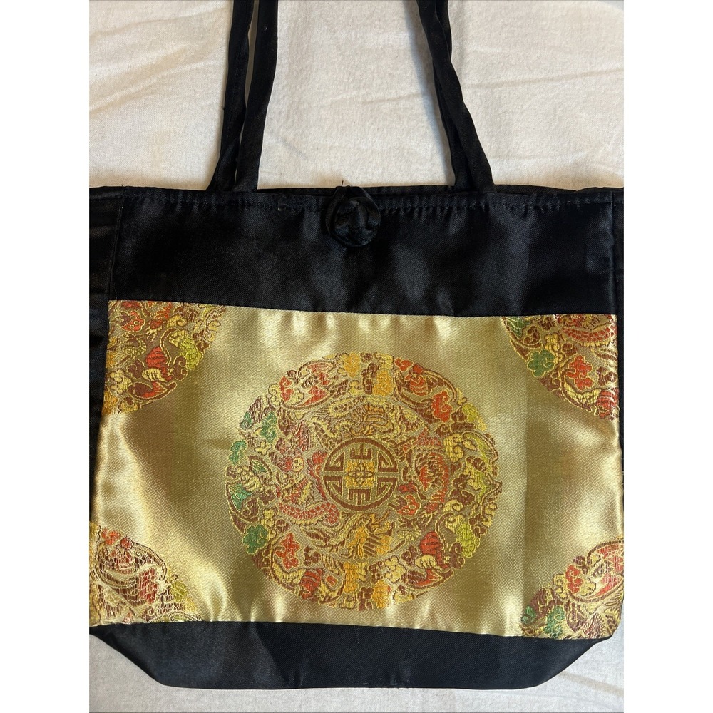 Vintage‎ Asian Satin Gold Black Handbag Tote Medium Knot Closure